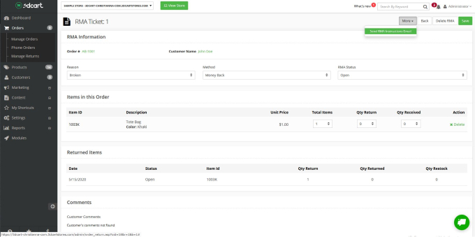 Shift4Shop Return Merchandise Authorization Dashboard