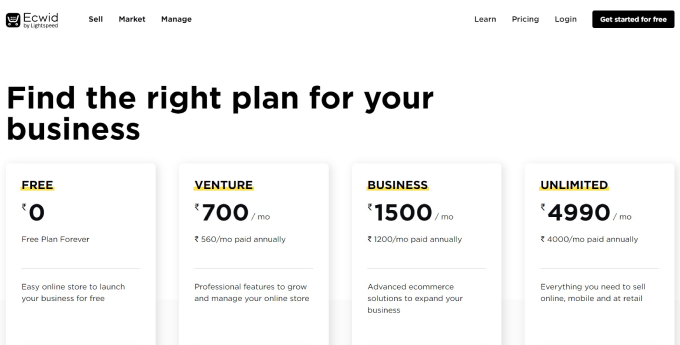 Ecwid pricing plans