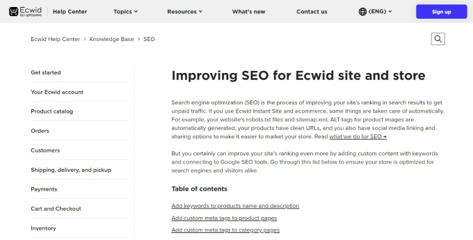 Ecwid eCommerce platform SEO functionalities