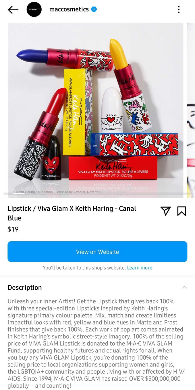 Product page on IG