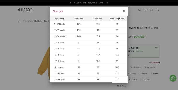 Size chart of online clothing store