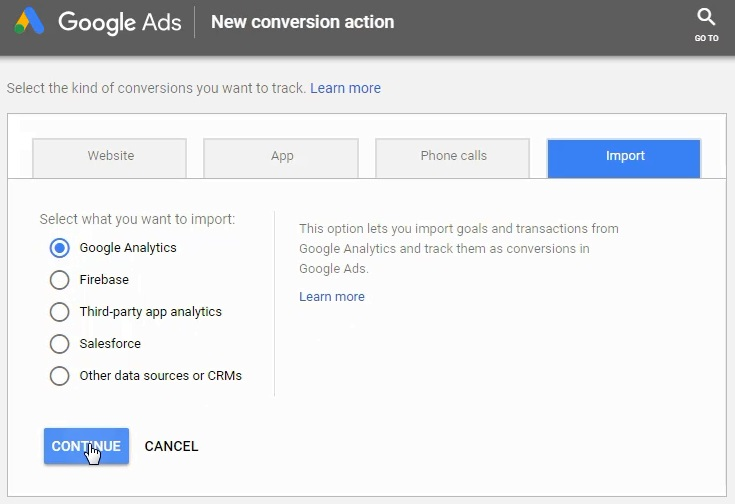 how to Import conversions from Google Analytics