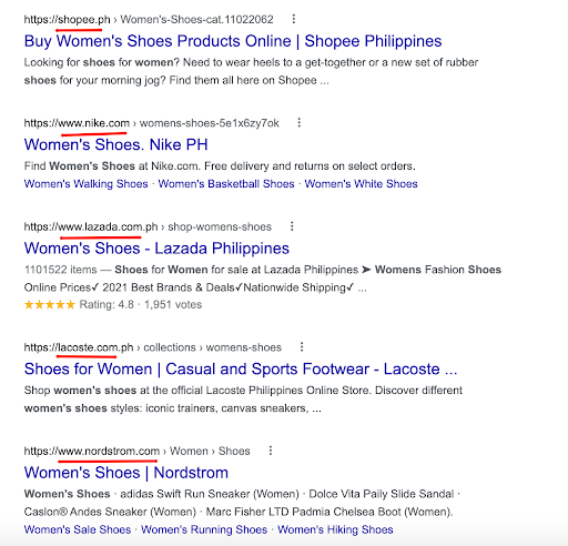 women’s shoes Google search results